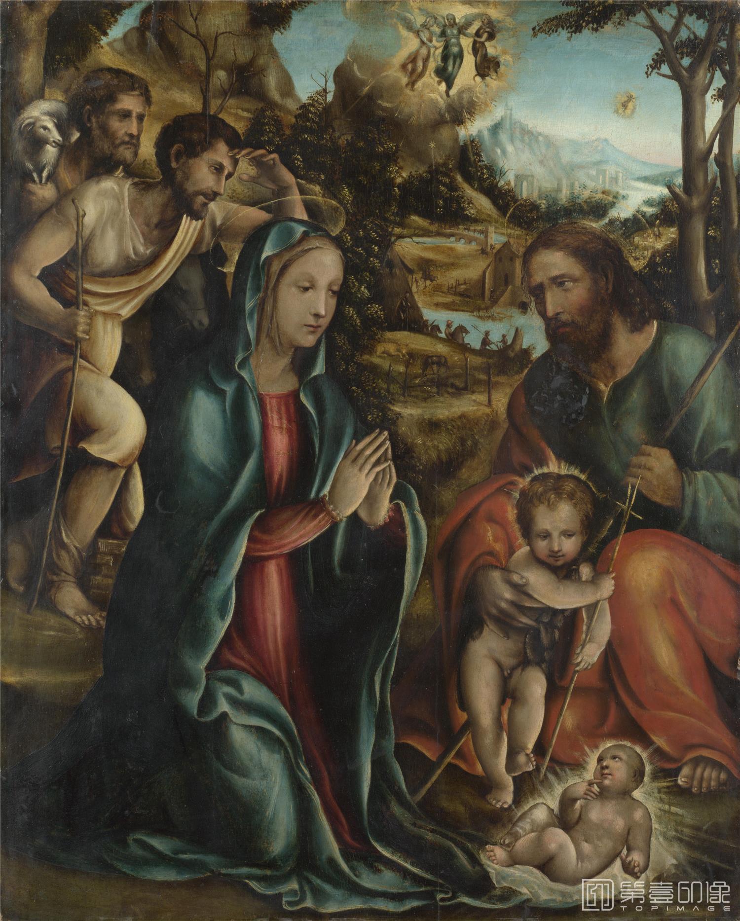 油画-大英博物馆藏画-Follower of Sodoma - The Nativity with the Infant Baptist and Shepherds-0671